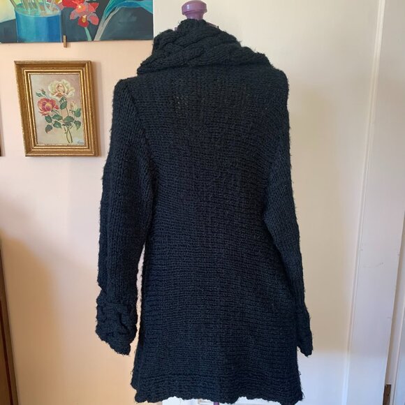 Hand Knit Black Wool Silk Coatigan Cardigan Coat Sweater Cables Asymmetrical L - Picture 5 of 6
